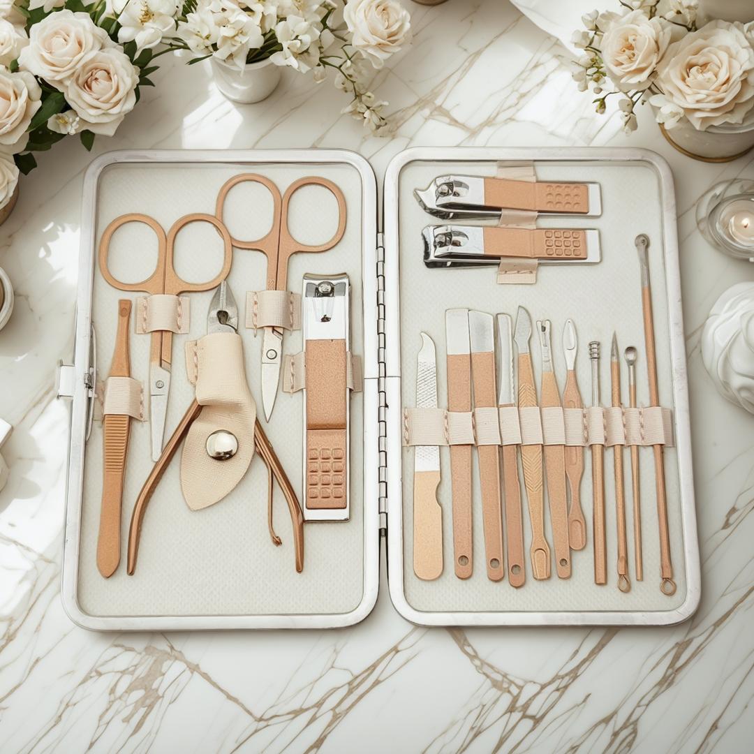 Set personalizzato di 18 strumenti per manicure e pedicure, ideale per la vendita al dettaglio e all'ingrosso di prodotti di qualità professionale.